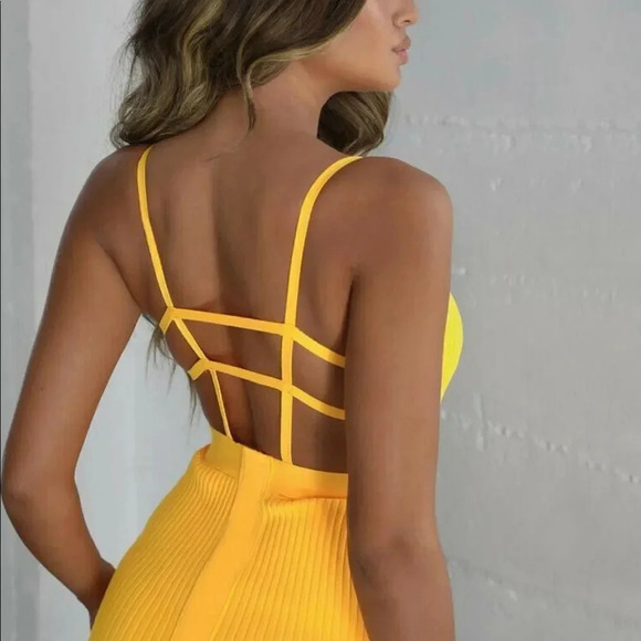NEW! Yellow Ribbed Bandage Cut Out Strappy Cage Back Bodycon Dress - Picture 3 of 11